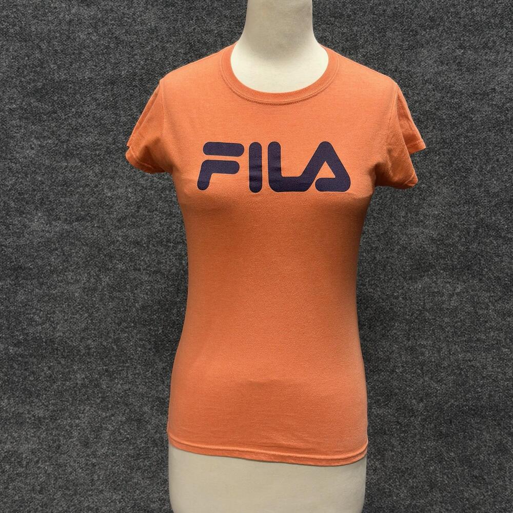 FILA Shirt Womens Small Orange Logo Crew Neck Short Sleeve Cotton Tee Top